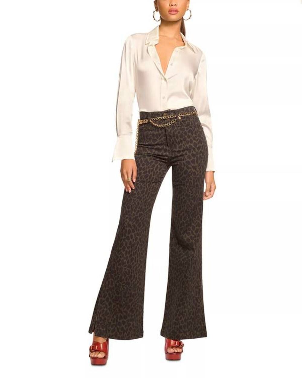 Ramy Brook Tyra Printed Flare Jean in Deep Olive Animal Print 25